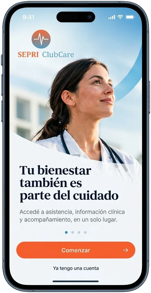 Pantalla de bienvenida de la app Se.Pr.i ClubCare en un iPhone: «Tu bienestar también es parte del cuidado».